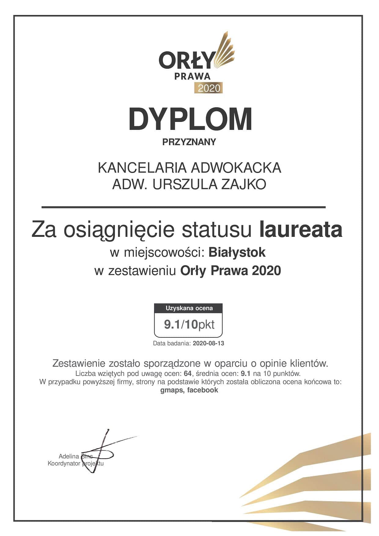 Dyplom za status laureata w Białymstoku